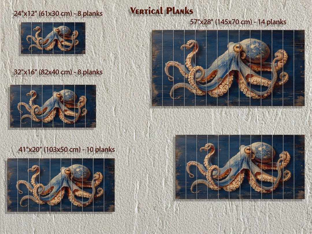 Octopus On Navy Blue Distressed Wood Wall Art