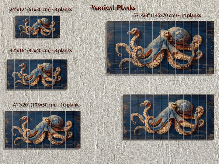 Octopus On Navy Blue Distressed Wood Wall Art