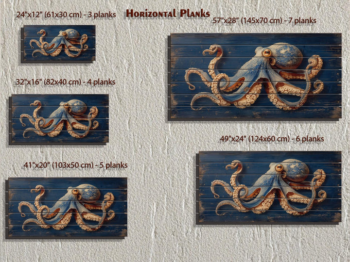 Octopus On Navy Blue Distressed Wood Wall Art