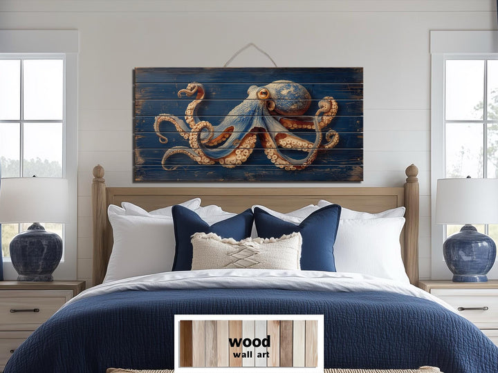 Octopus On Navy Blue Distressed Wood Wall Art