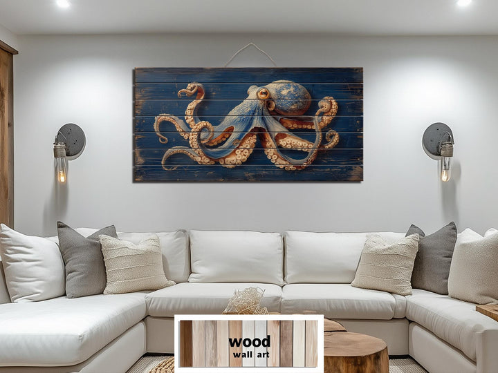 Octopus On Navy Blue Distressed Wood Wall Art
