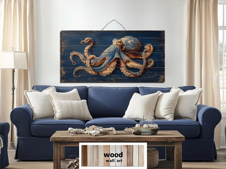 Octopus On Navy Blue Distressed Wood Wall Art