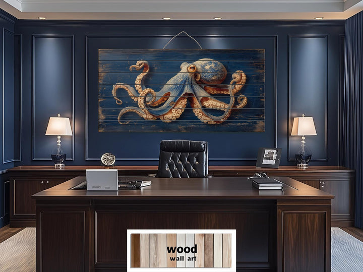 Octopus On Navy Blue Distressed Wood Wall Art