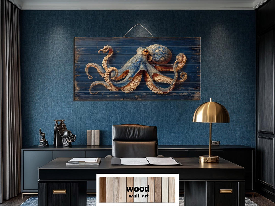 Octopus On Navy Blue Distressed Wood Wall Art