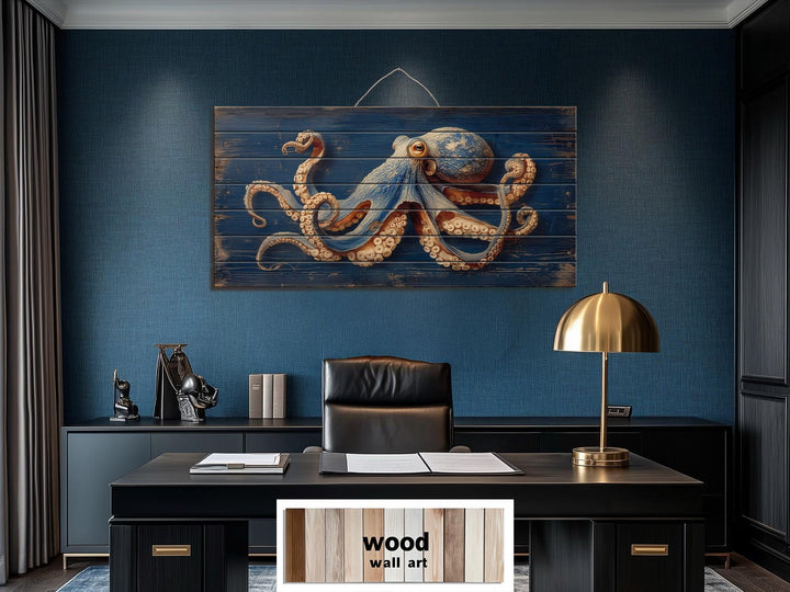 Octopus On Navy Blue Distressed Wood Wall Art