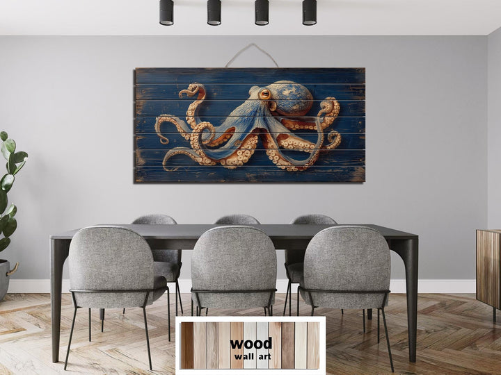 Octopus On Navy Blue Distressed Wood Wall Art