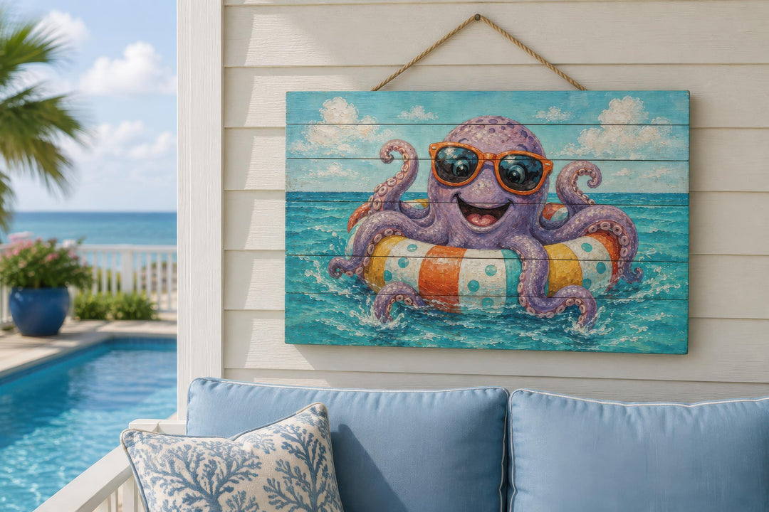 Octopus on pool float distressed wood wall art hanging on a white shiplap wall.