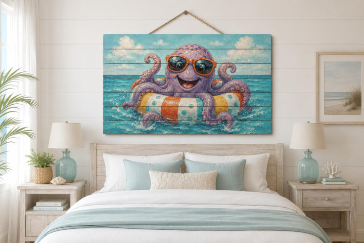 A whimsical octopus on a pool float painting on distressed wood hangs above a coastal-style bed.
