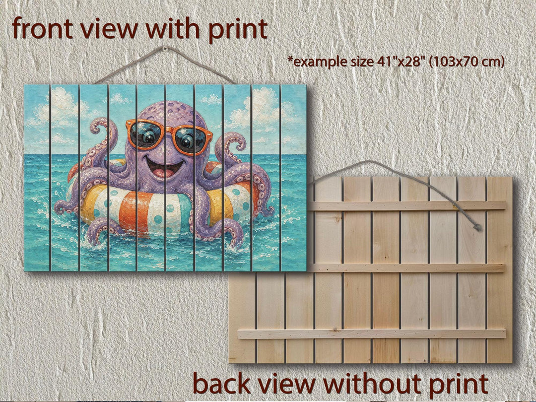 Front and back views of a distressed wood wall art piece featuring a whimsical octopus on a float.