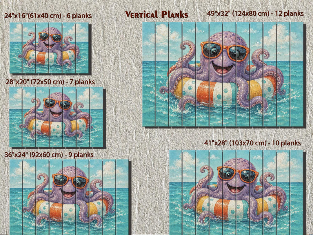 Whimsical octopus on a pool float wall art printed on vertical wood planks in various sizes.