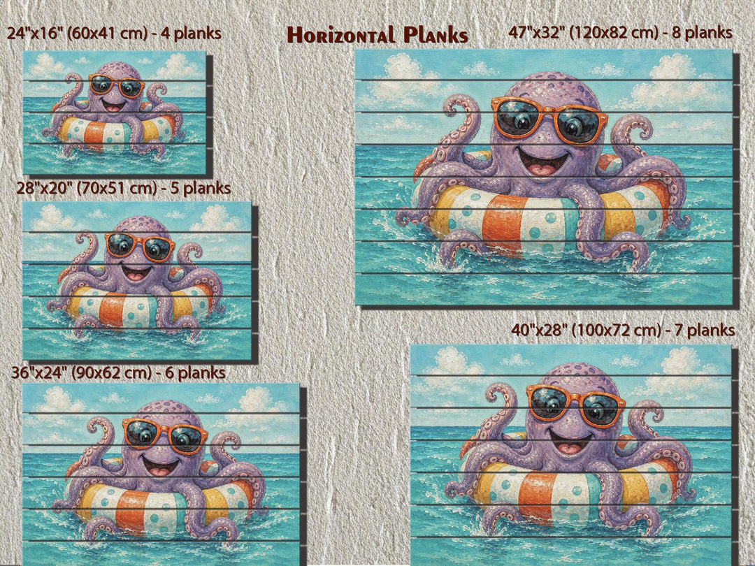 Whimsical octopus on a pool float wall art shown in five sizes on horizontal wood planks.