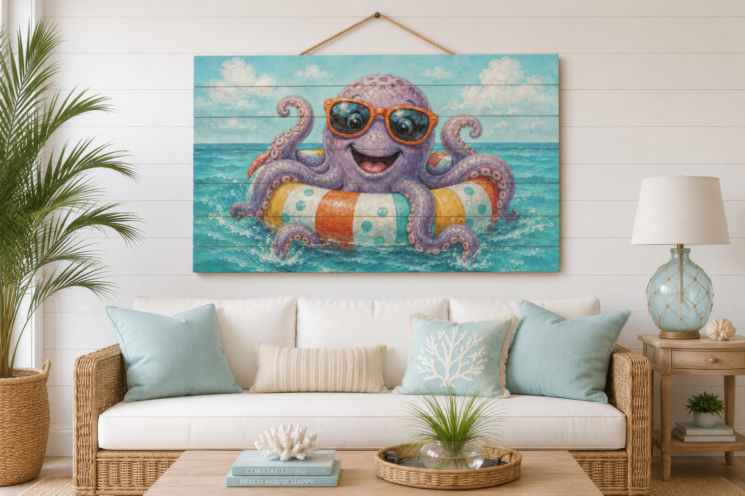 A whimsical octopus on a pool float painting on distressed wood in a coastal living room.