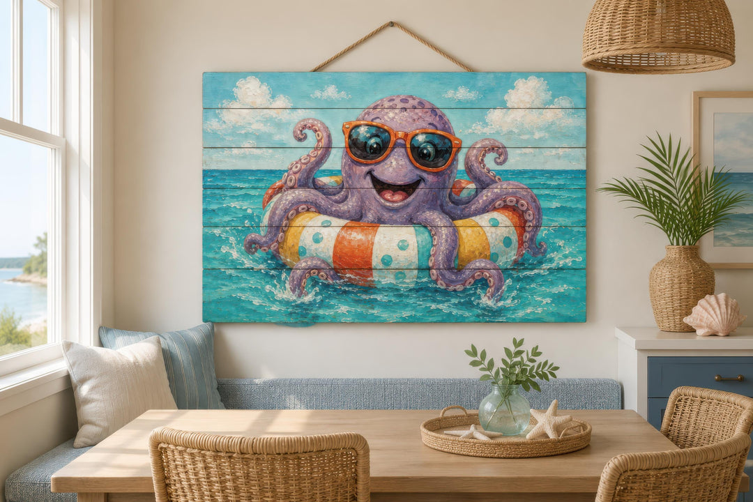 Distressed wood wall art featuring a cheerful octopus on a pool float in a coastal dining room.