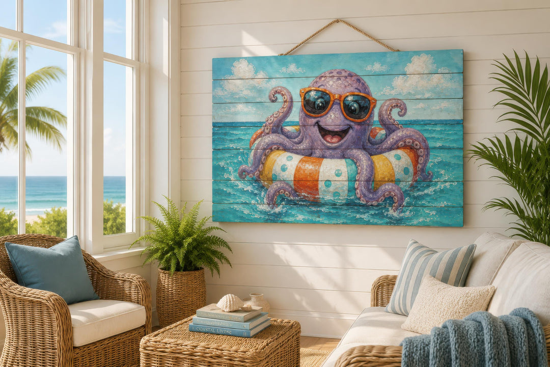 Octopus on pool float distressed wood wall art in a coastal living room setting.