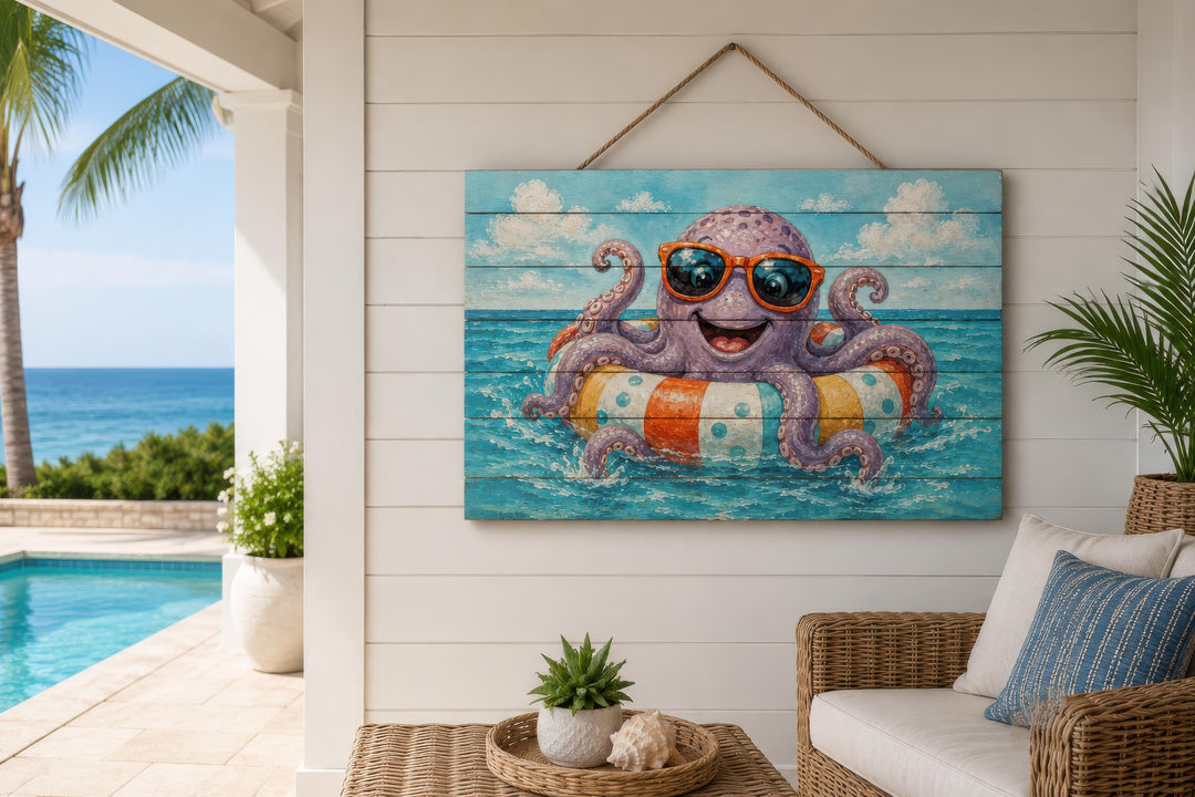 A whimsical octopus on a pool float depicted on distressed wood wall art in a coastal setting.