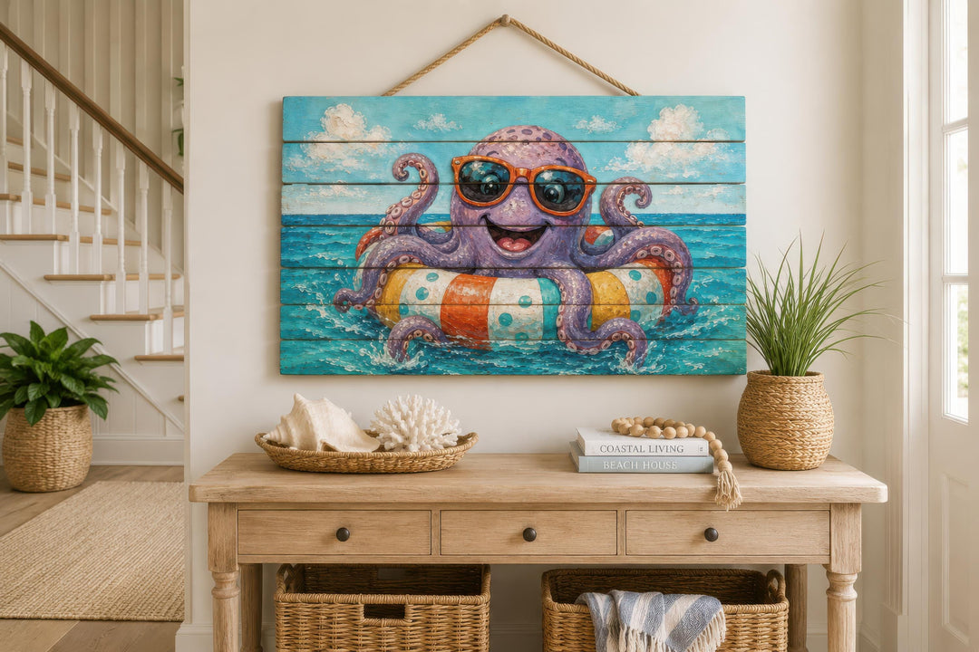 A whimsical octopus on a pool float depicted on distressed wood wall art in a coastal setting.