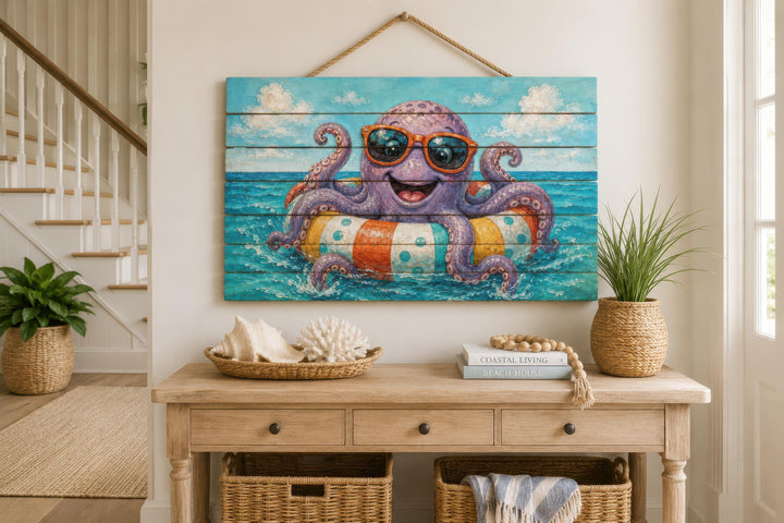 A whimsical octopus on a pool float depicted on distressed wood wall art in a coastal setting.