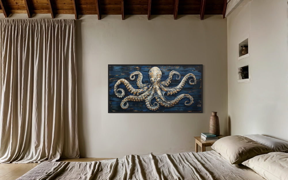 Octopus Painting On Navy Blue Wood Framed Canvas Wall Art