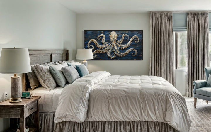 Octopus Painting On Navy Blue Wood Framed Canvas Wall Art