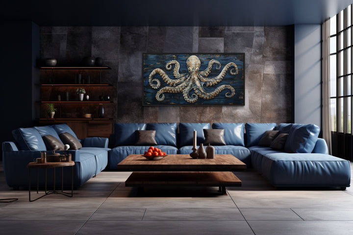 Octopus Painting On Navy Blue Wood Framed Canvas Wall Art