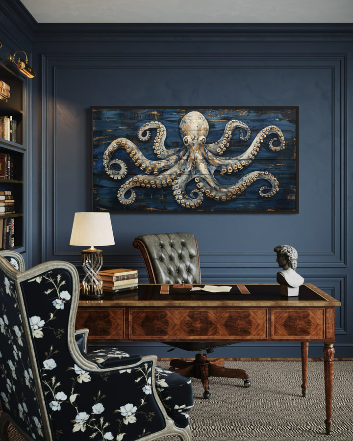 Octopus Painting On Navy Blue Wood Framed Canvas Wall Art