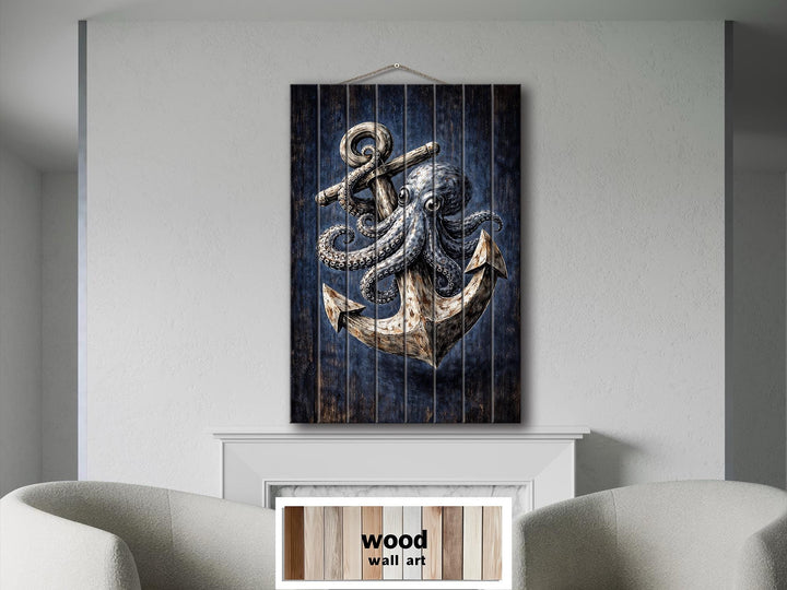 Nautical wood wall art featuring a detailed octopus wrapped around an anchor on a navy background.
