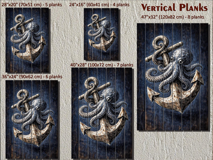 Nautical wood wall art featuring a detailed octopus wrapped around an anchor in five size options.