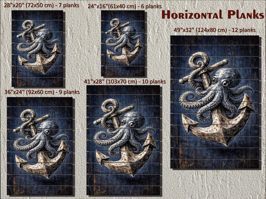 Octopus and anchor nautical wall art printed on horizontal wood planks in five different sizes.
