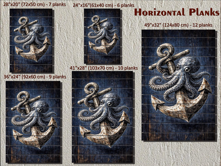 Octopus and anchor nautical wall art printed on horizontal wood planks in five different sizes.
