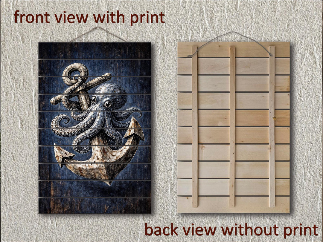Vertical wood wall art featuring a printed octopus and anchor design with a hanging rope.