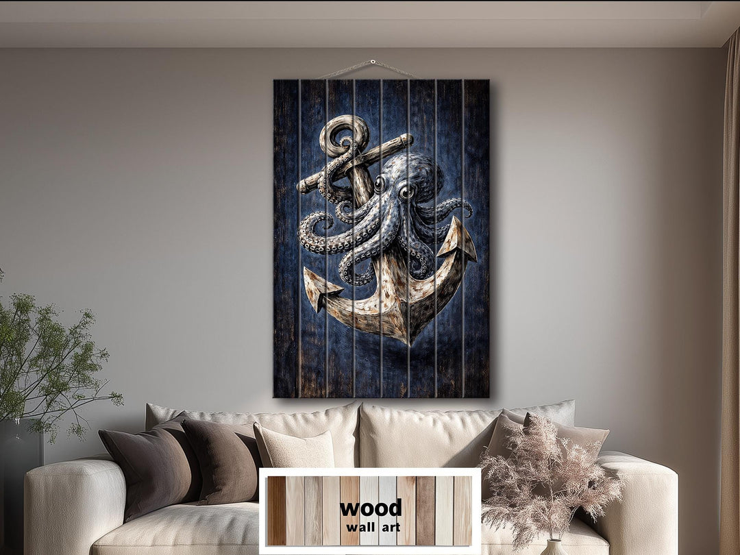 Vertical wood wall art featuring a nautical octopus and anchor design in a coastal living room.