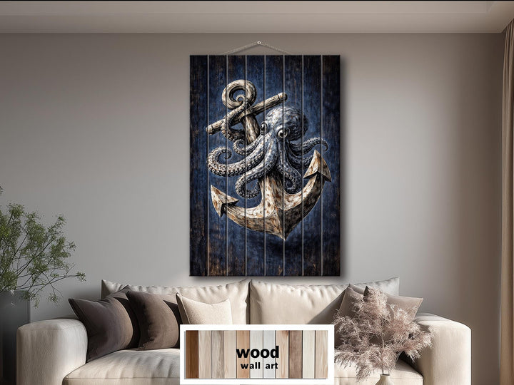 Vertical wood wall art featuring a nautical octopus and anchor design in a coastal living room.