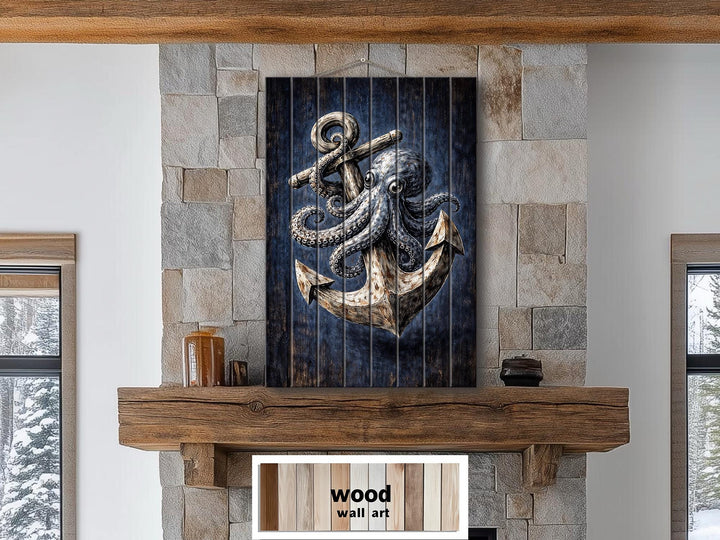 Octopus and anchor nautical wall art printed on vertical wood planks above a stone fireplace.