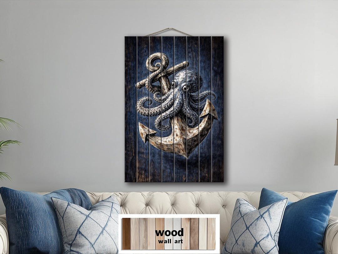 Octopus and anchor nautical wall art printed on vertical distressed wood panels above a sofa.