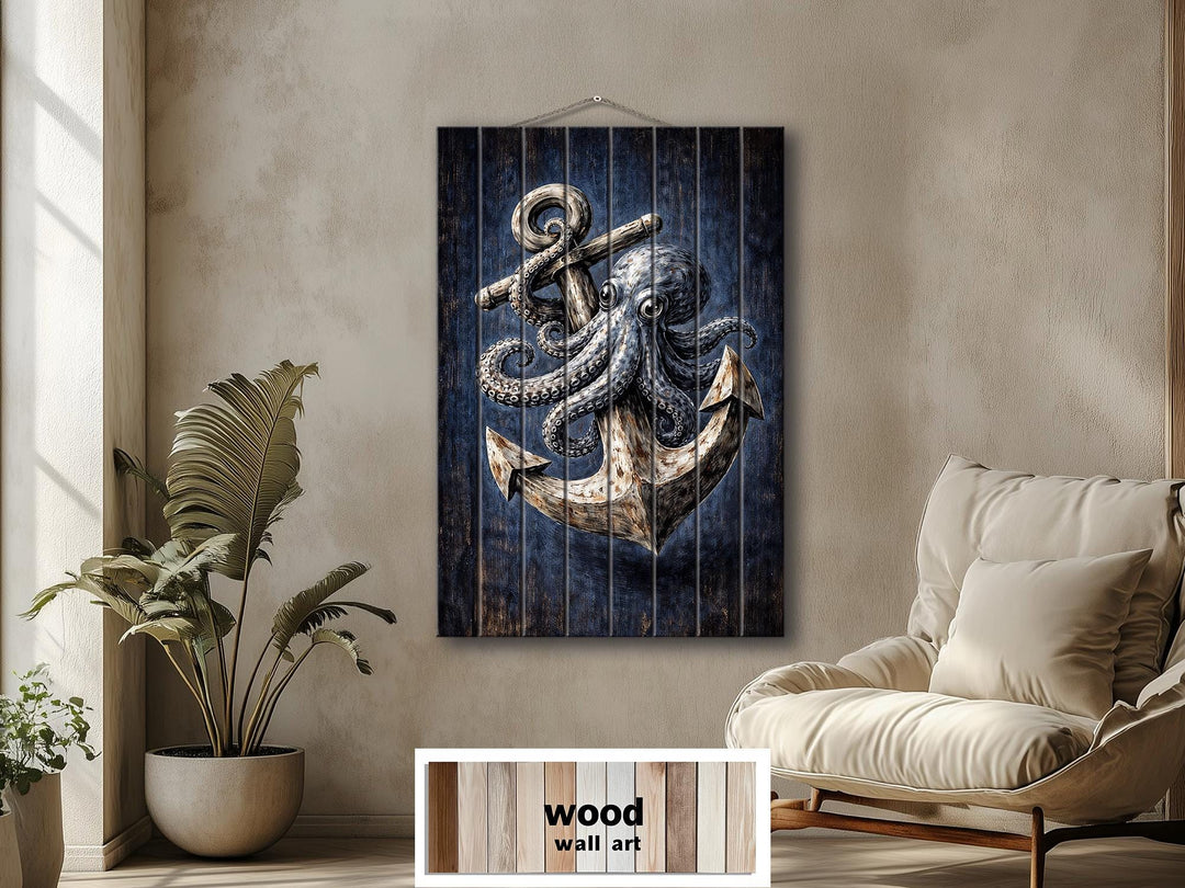 Vertical wood wall art featuring a detailed octopus wrapped around a nautical anchor.