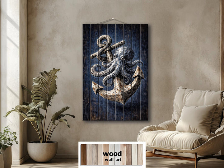 Vertical wood wall art featuring a detailed octopus wrapped around a nautical anchor.