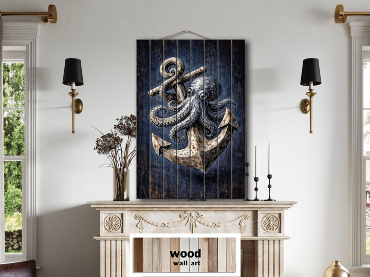 Octopus and anchor nautical wall art printed on vertical wood planks above a fireplace mantel.