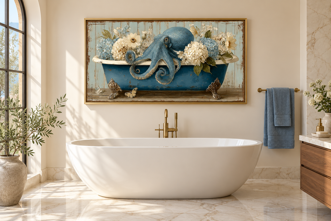 Octopus in a blue clawfoot bathtub with flowers canvas wall art above a modern white soaking tub.