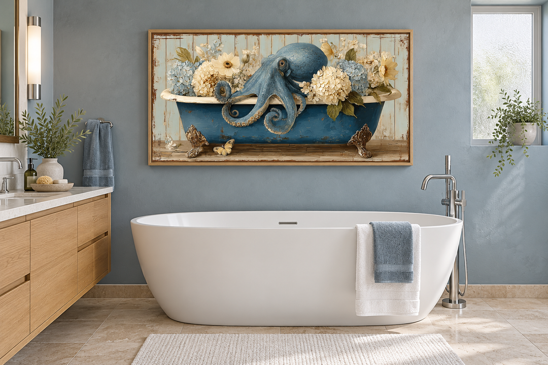 Octopus in bathtub with flowers canvas wall art hanging above a modern white soaking tub.