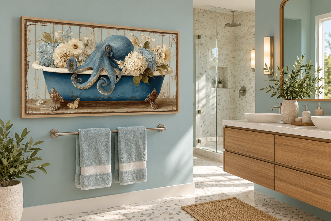 Octopus in bathtub with flowers canvas wall art hanging in a modern blue bathroom.