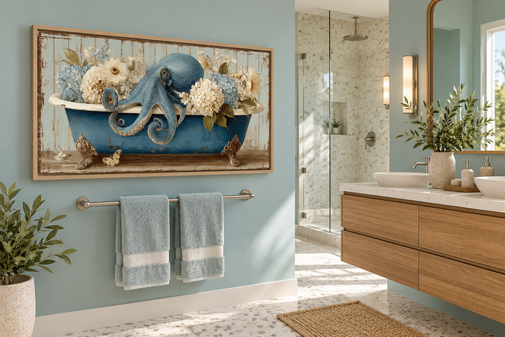 Octopus in bathtub with flowers canvas wall art hanging in a modern blue bathroom.