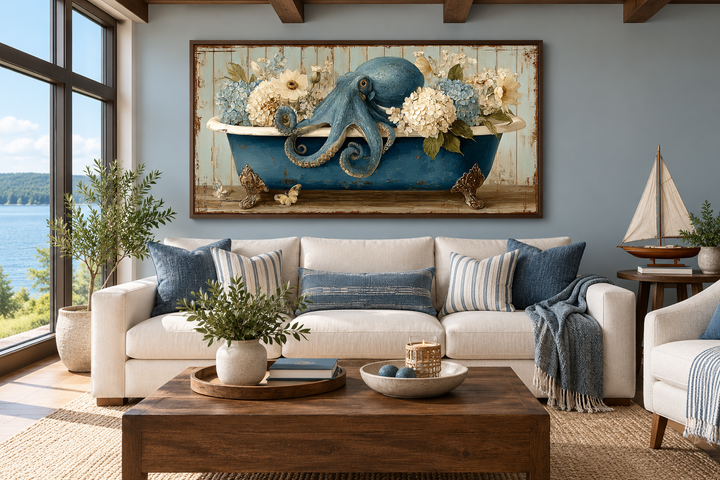 Octopus in bathtub with flowers canvas wall art hanging in a coastal living room above a sofa.
