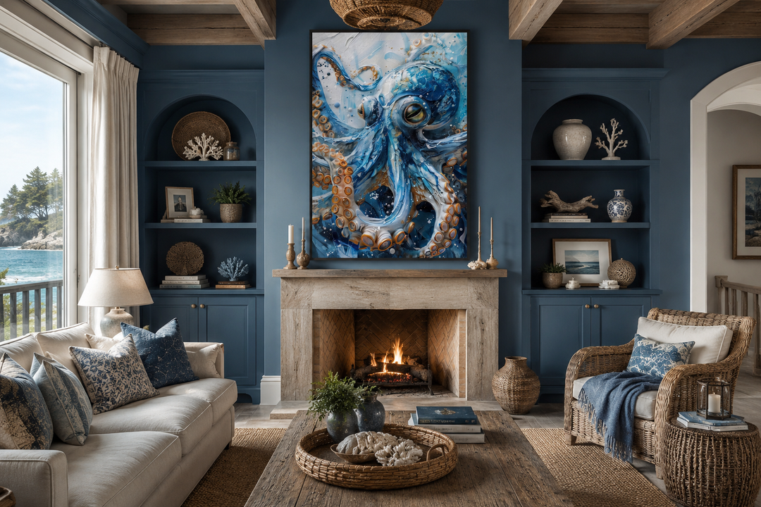 Blue octopus framed canvas wall art hanging above a fireplace in a coastal-style living room.