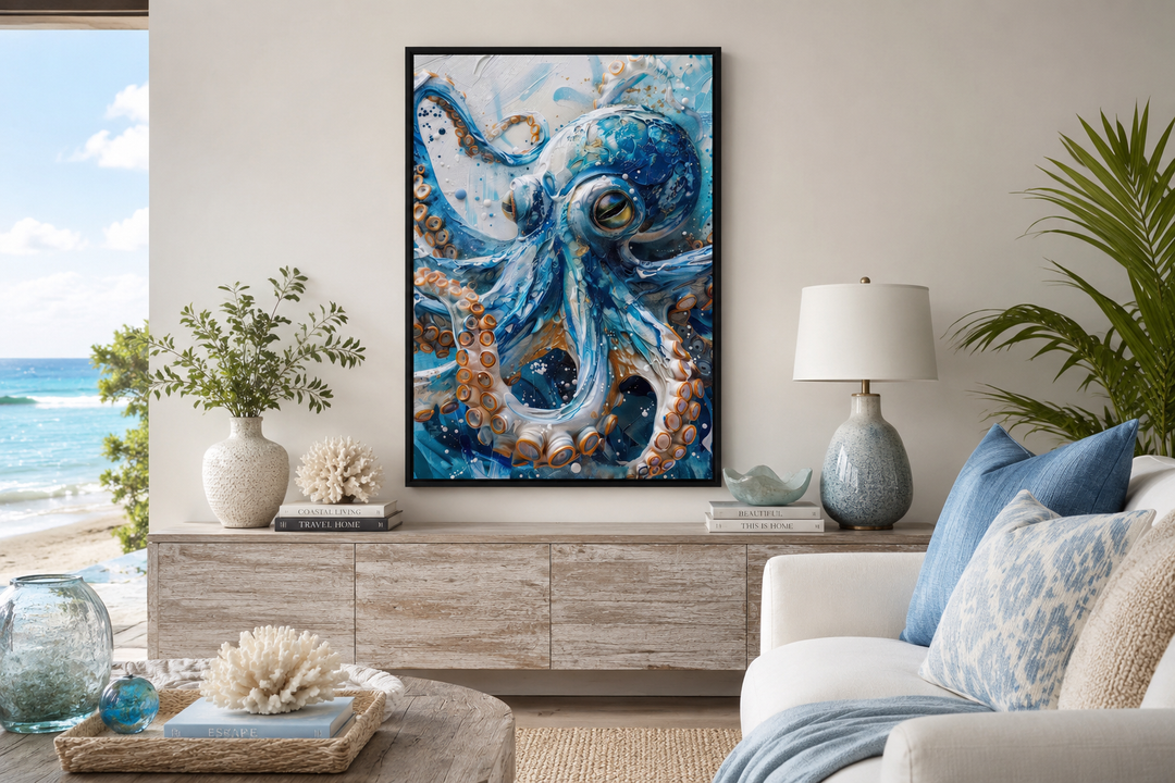 Blue octopus framed canvas wall art displayed above a wooden console in a coastal living room.