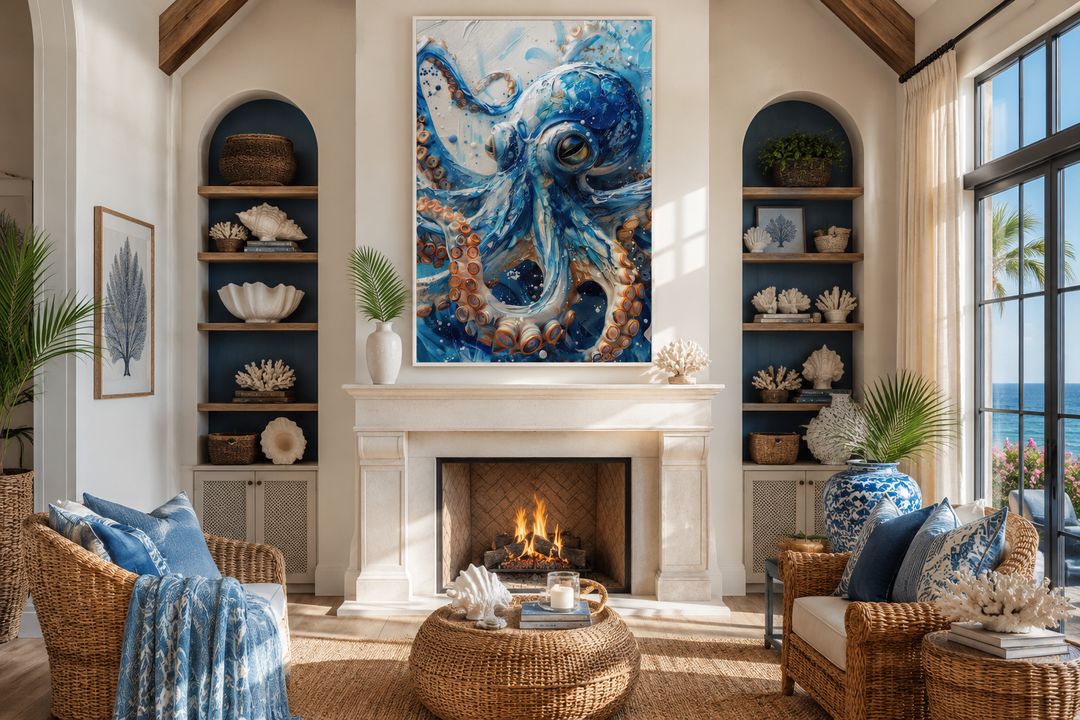 Blue Octopus framed canvas wall art displayed above a fireplace in a coastal-style living room.