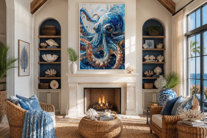 Blue Octopus framed canvas wall art displayed above a fireplace in a coastal-style living room.