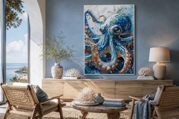 Blue octopus framed canvas wall art in a coastal living room above a wooden sideboard.