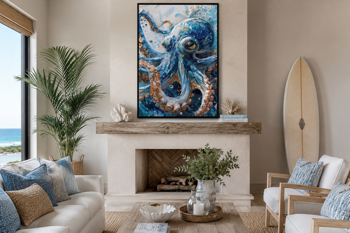 Blue octopus framed canvas wall art displayed above a fireplace in a coastal living room.