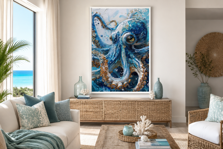 Blue octopus coastal framed canvas wall art hanging in a bright, beach-themed living room.