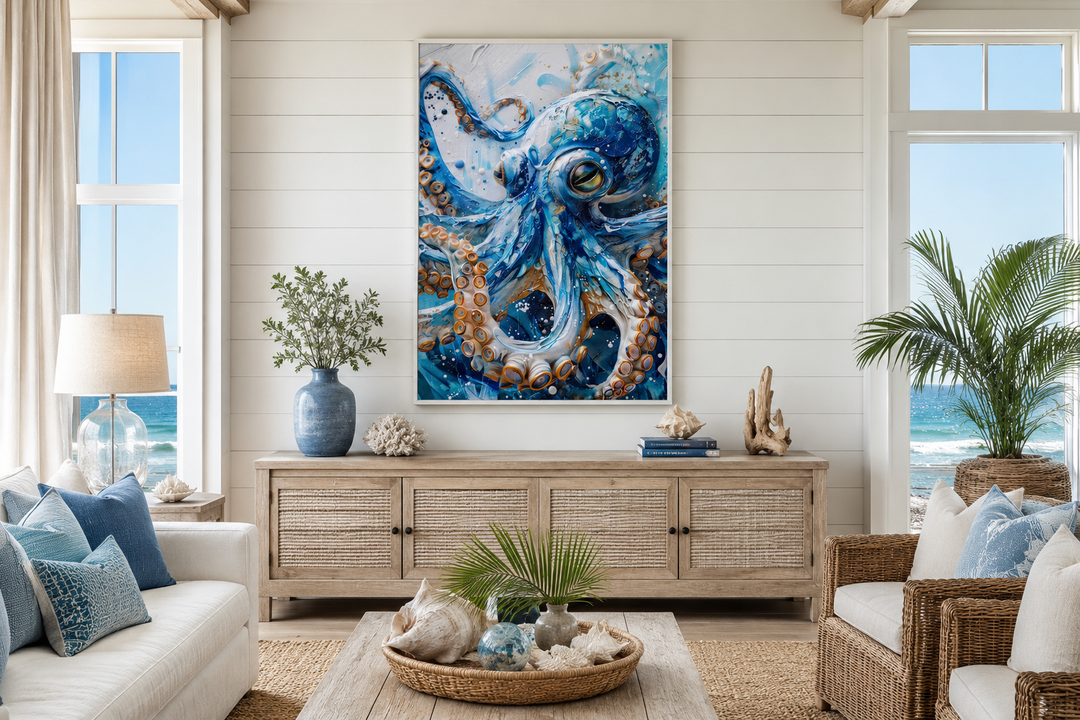 Blue octopus framed canvas wall art hanging above a wooden sideboard in a coastal living room.